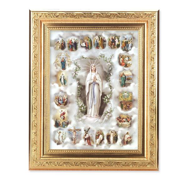 Mysteries of The Rosary Picture, 8-1/4"x10-1/4 Gold-Leaf Finish Acanthus Leaf Detail Under Glass # 27693