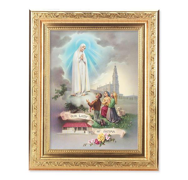 Our Lady of Fatima Picture, 8-1/4"x10-1/4 Gold-Leaf Finish Acanthus Leaf Detail Under Glass # 27694