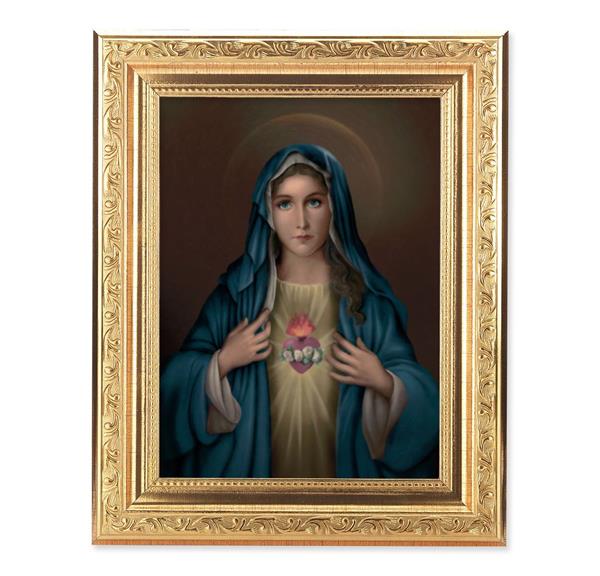 Immaculate Heart of Mary Picture, 8-1/4"x10-1/4 Gold-Leaf Finish Acanthus Leaf Detail Under Glass # 27695