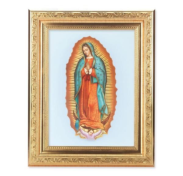 Our Lady of Guadalupe Picture, 8-1/4"x10-1/4 Gold-Leaf Finish Acanthus Leaf Detail Under Glass # 27696