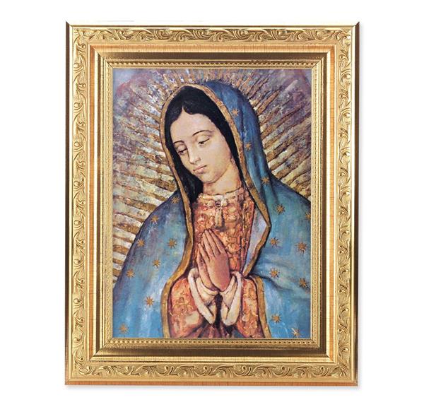 Our Lady of Guadalupe Picture, 8-1/4"x10-1/4 Gold-Leaf Finish Acanthus Leaf Detail Under Glass # 27697
