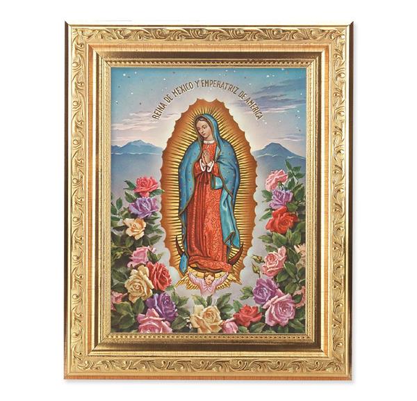 Our Lady of Guadalupe Picture, 8-1/4"x10-1/4 Gold-Leaf Finish Acanthus Leaf Detail Under Glass # 27698