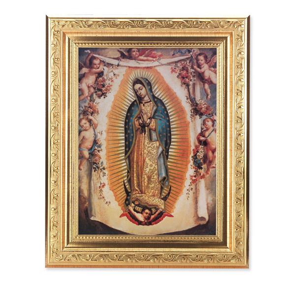 Our Lady of Guadalupe with Angels Picture, 8-1/4"x10-1/4 Gold-Leaf Finish Acanthus Leaf Detail Under Glass # 27699