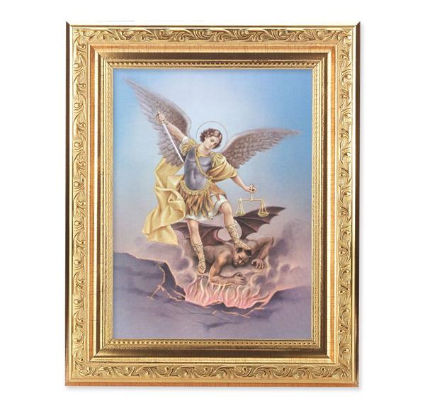 St. Michael Picture, 8-1/4"x10-1/4 Gold-Leaf Finish Acanthus Leaf Detail Under Glass # 27710