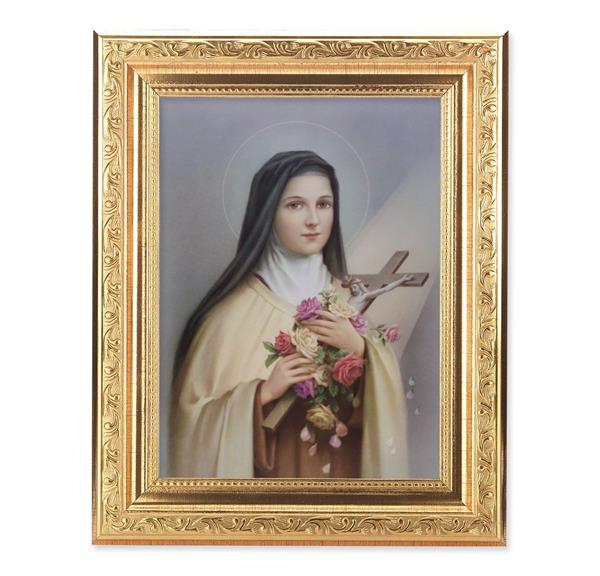 St. Therese of Lisieux Picture, 8-1/4"x10-1/4 Gold-Leaf Finish Acanthus Leaf Detail Under Glass # 27712