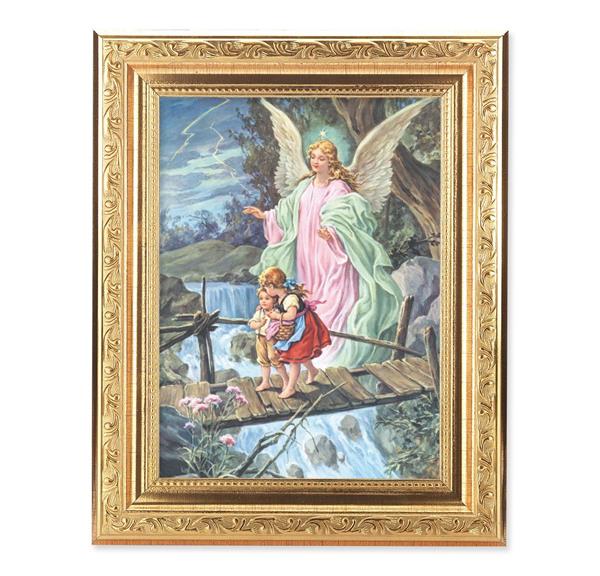 Guardian Angel with Children Picture, 8-1/4"x10-1/4 Gold-Leaf Finish Acanthus Leaf Detail Under Glass # 27714