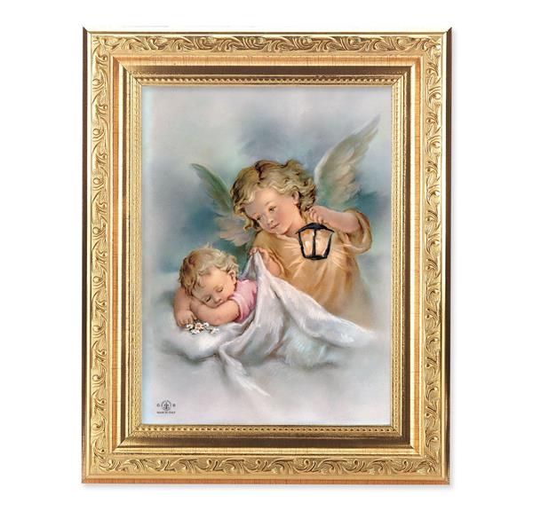 Guardian Angel with Lamp Over Baby Picture, 8-1/4"x10-1/4 Gold-Leaf Finish Acanthus Leaf Detail Under Glass # 27727