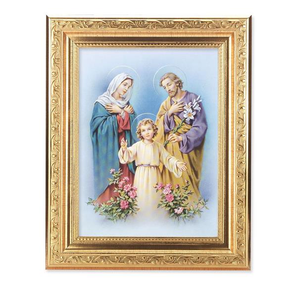 Holy Family Picture, 8-1/4"x10-1/4 Gold-Leaf Finish Acanthus Leaf Detail Under Glass # 27728