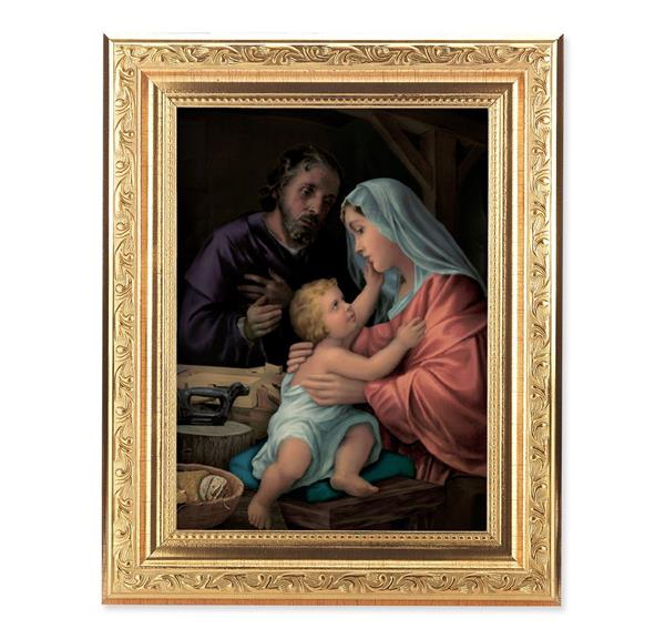 Holy Family Picture, 8-1/4"x10-1/4 Gold-Leaf Finish Acanthus Leaf Detail Under Glass # 27733