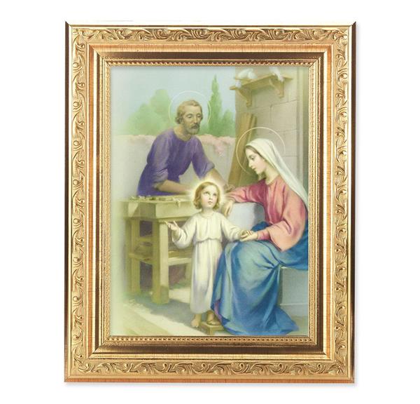 Holy Family Picture, 8-1/4"x10-1/4 Gold-Leaf Finish Acanthus Leaf Detail Under Glass # 27734