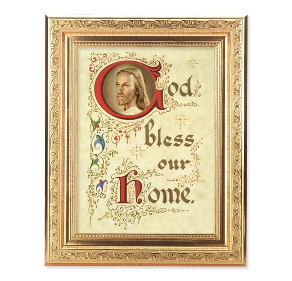 God Bless Our Home Picture, 8-1/4"x10-1/4 Gold-Leaf Finish Acanthus Leaf Detail Under Glass # 27743