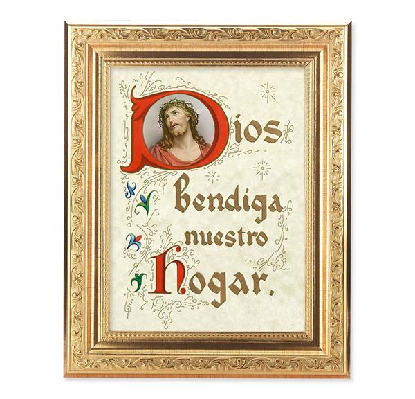 Spanish God Bless Our Home Picture, 8-1/4"x10-1/4 Gold-Leaf Finish Acanthus Leaf Detail Under Glass # 27744
