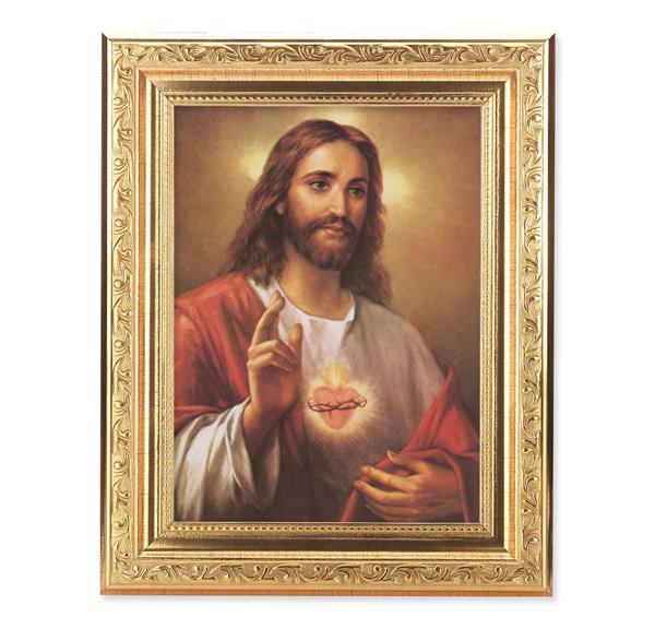La Fuente: Sacred Heart of Jesus Picture, 8-1/4"x10-1/4 Gold-Leaf Finish Acanthus Leaf Detail Under Glass # 27750