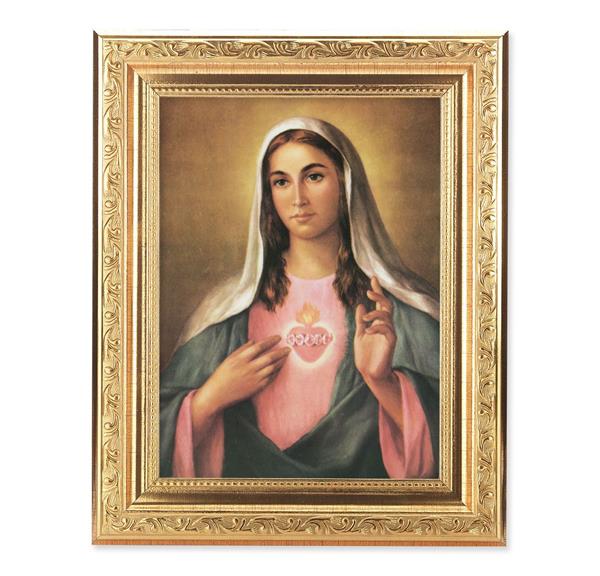 La Fuente: Immaculate Heart of Mary Picture, 8-1/4"x10-1/4 Gold-Leaf Finish Acanthus Leaf Detail Under Glass # 27751