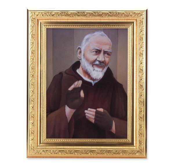 St. Padre Pio Picture, 8-1/4"x10-1/4 Gold-Leaf Finish Acanthus Leaf Detail Under Glass # 27752
