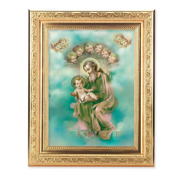 St. Joseph and Child Enthroned Picture, 8-1/4"x10-1/4 Gold-Leaf Finish Acanthus Leaf Detail Under Glass # 27754