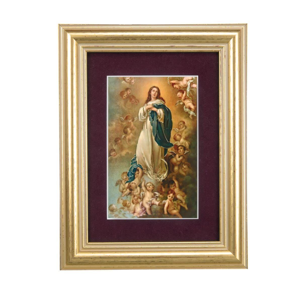 Immaculate Conception Picture, 5"x6.5" Antique Gold Fluted Frame, Behind Maroon Velvet Matting # 28300