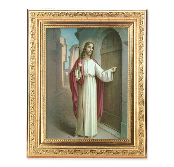 Christ Knocking Picture, 8-1/4"x10-1/4 Gold-Leaf Finish Acanthus Leaf Detail Under Glass # 27761