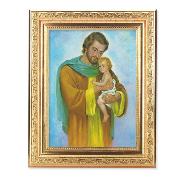 St. Joseph & Child Picture, 8-1/4"x10-1/4 Gold-Leaf Finish Acanthus Leaf Detail Under Glass # 27763