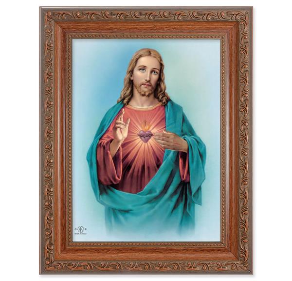 Sacred Heart Picture, 8-1/4"x10-1/4 Mahogany Finish with Acanthus Leaf Detail Under Glass # 27764