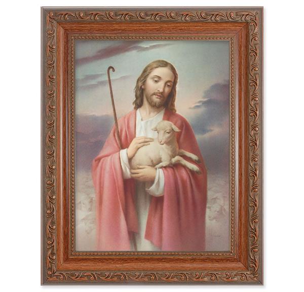 Good Shepherd Picture, 8-1/4"x10-1/4 Mahogany Finish with Acanthus Leaf Detail Under Glass # 27768