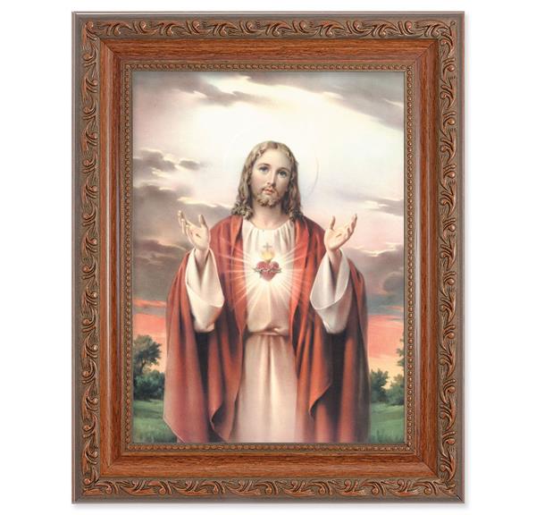 Sacred Heart of Jesus Picture, 8-1/4"x10-1/4 Mahogany Finish with Acanthus Leaf Detail Under Glass # 27771