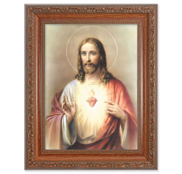 Sacred Heart of Jesus Picture, 8-1/4"x10-1/4 Mahogany Finish with Acanthus Leaf Detail Under Glass # 27775