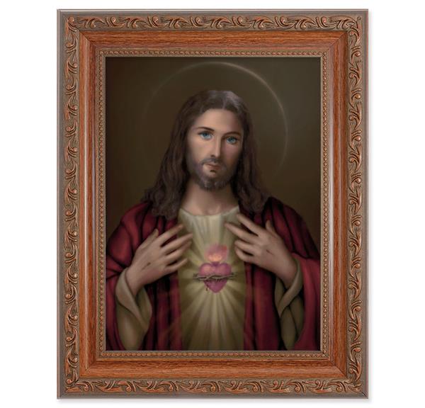 Sacred Heart of Jesus Picture, 8-1/4"x10-1/4 Mahogany Finish with Acanthus Leaf Detail Under Glass # 27781