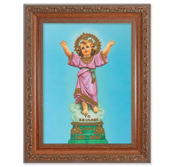 Divino Nino Picture, 8-1/4"x10-1/4 Mahogany Finish with Acanthus Leaf Detail Under Glass # 27784