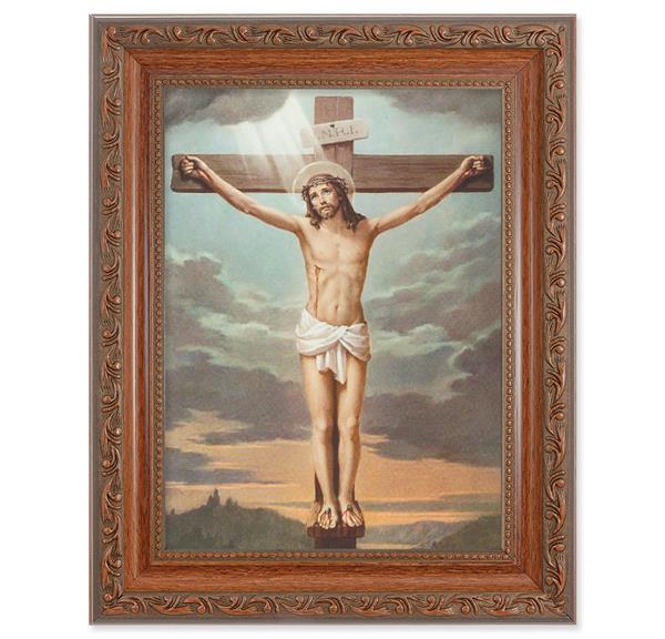Crucifixion Picture, 8-1/4"x10-1/4 Mahogany Finish with Acanthus Leaf Detail Under Glass # 27787