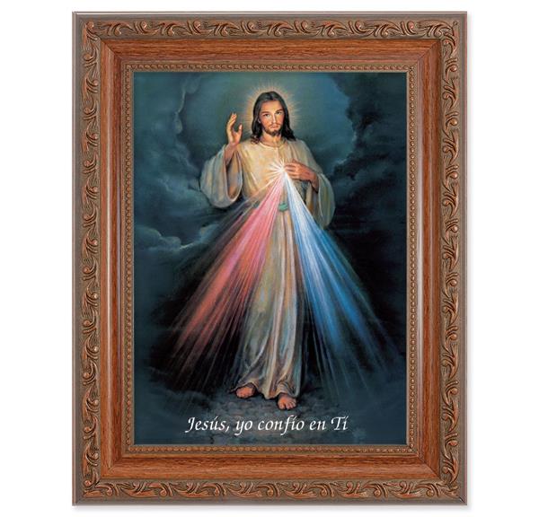Spansh Divine Mercy Picture, 8-1/4"x10-1/4 Mahogany Finish with Acanthus Leaf Detail Under Glass # 27792