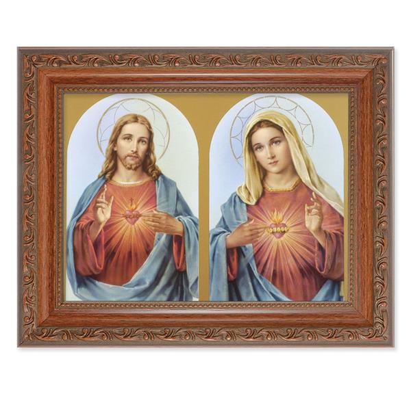 The Sacred Hearts Picture, 8-1/4"x10-1/4 Mahogany Finish with Acanthus Leaf Detail Under Glass # 27794