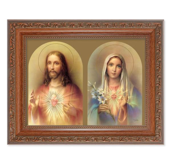 The Sacred Hearts Picture, 8-1/4"x10-1/4 Mahogany Finish with Acanthus Leaf Detail Under Glass # 27798