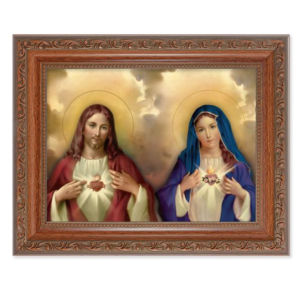 The Sacred Hearts Picture, 8-1/4"x10-1/4 Mahogany Finish with Acanthus Leaf Detail Under Glass # 27799