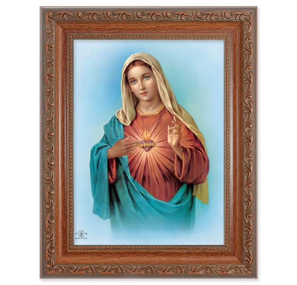 Immaculate Heart of Mary Picture, 8-1/4"x10-1/4 Mahogany Finish with Acanthus Leaf Detail Under Glass # 27801
