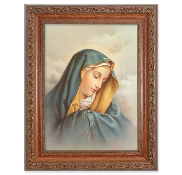 Our Lady of Sorrows Picture, 8-1/4"x10-1/4 Mahogany Finish with Acanthus Leaf Detail Under Glass # 27804