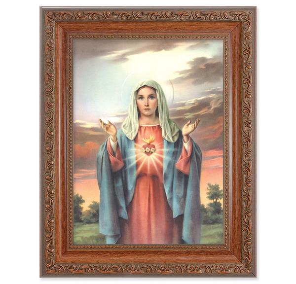 Immaculate Heart of Mary Picture, 8-1/4"x10-1/4 Mahogany Finish with Acanthus Leaf Detail Under Glass # 27805