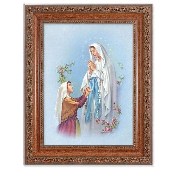Our Lady of Lourdes Picture, 8-1/4"x10-1/4 Mahogany Finish with Acanthus Leaf Detail Under Glass # 27807