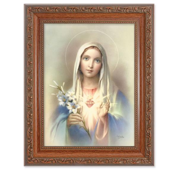 Immaculate Heart of Mary Picture, 8-1/4"x10-1/4 Mahogany Finish with Acanthus Leaf Detail Under Glass # 27810