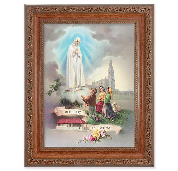 Our Lady of Fatima Picture, 8-1/4"x10-1/4 Mahogany Finish with Acanthus Leaf Detail Under Glass # 27812