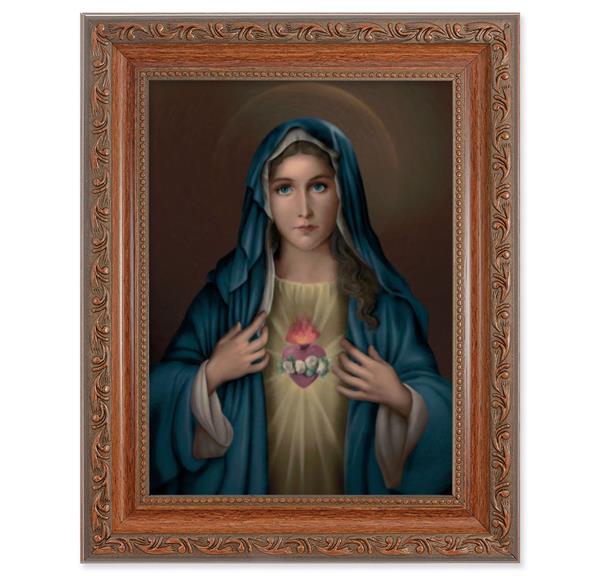 Immaculate Heart of Mary Picture, 8-1/4"x10-1/4 Mahogany Finish with Acanthus Leaf Detail Under Glass # 27813