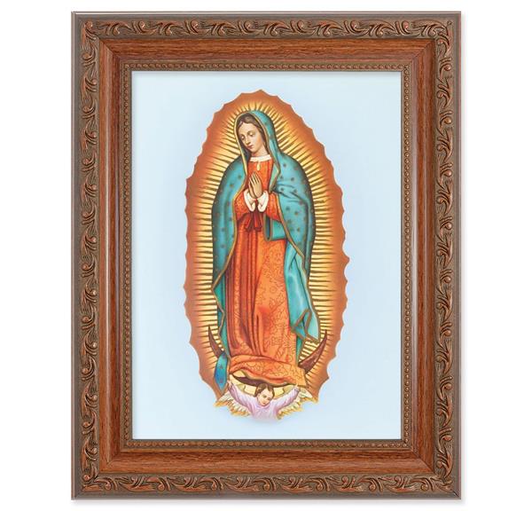 Our Lady of Guadalupe Picture, 8-1/4"x10-1/4 Mahogany Finish with Acanthus Leaf Detail Under Glass # 27814