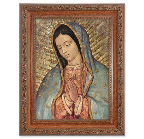 Our Lady of Guadalupe Picture, 8-1/4"x10-1/4 Mahogany Finish with Acanthus Leaf Detail Under Glass # 27815