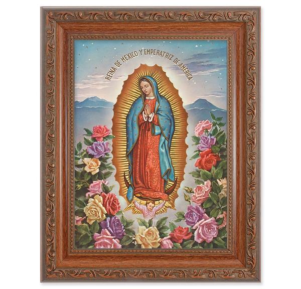 Our Lady of Guadalupe Picture, 8-1/4"x10-1/4 Mahogany Finish with Acanthus Leaf Detail Under Glass # 27816