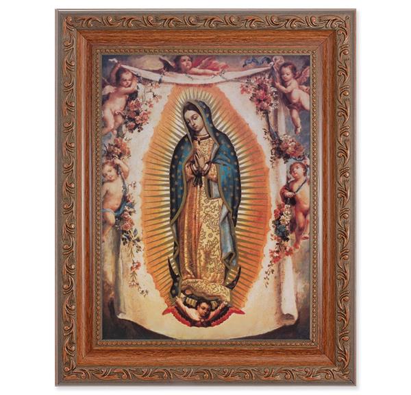 Our Lady of Guadalupe with Angels Picture, 8-1/4"x10-1/4 Mahogany Finish with Acanthus Leaf Detail Under Glass # 27817