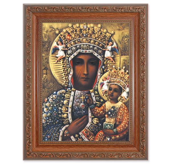 Our Lady of Czestochowa Picture, 8-1/4"x10-1/4 Mahogany Finish with Acanthus Leaf Detail Under Glass # 27818