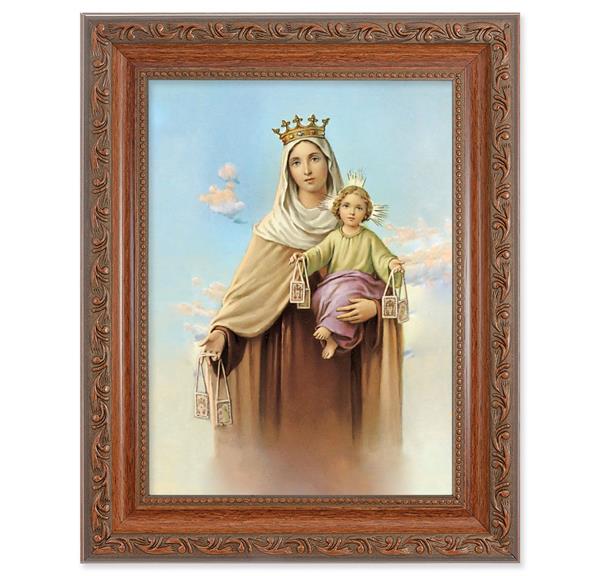 Our Lady of Mount Carmel Picture, 8-1/4"x10-1/4 Mahogany Finish with Acanthus Leaf Detail Under Glass # 27824
