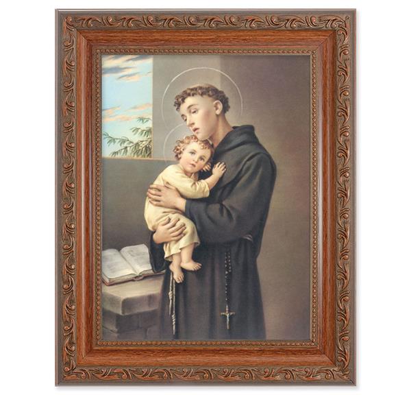 St. Anthony of Padua Picture, 8-1/4"x10-1/4 Mahogany Finish with Acanthus Leaf Detail Under Glass # 27825