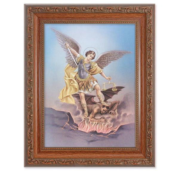 St. Michael Picture, 8-1/4"x10-1/4 Mahogany Finish with Acanthus Leaf Detail Under Glass # 27828