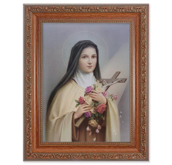 St. Therese of Lisieux Picture, 8-1/4"x10-1/4 Mahogany Finish with Acanthus Leaf Detail Under Glass # 27829